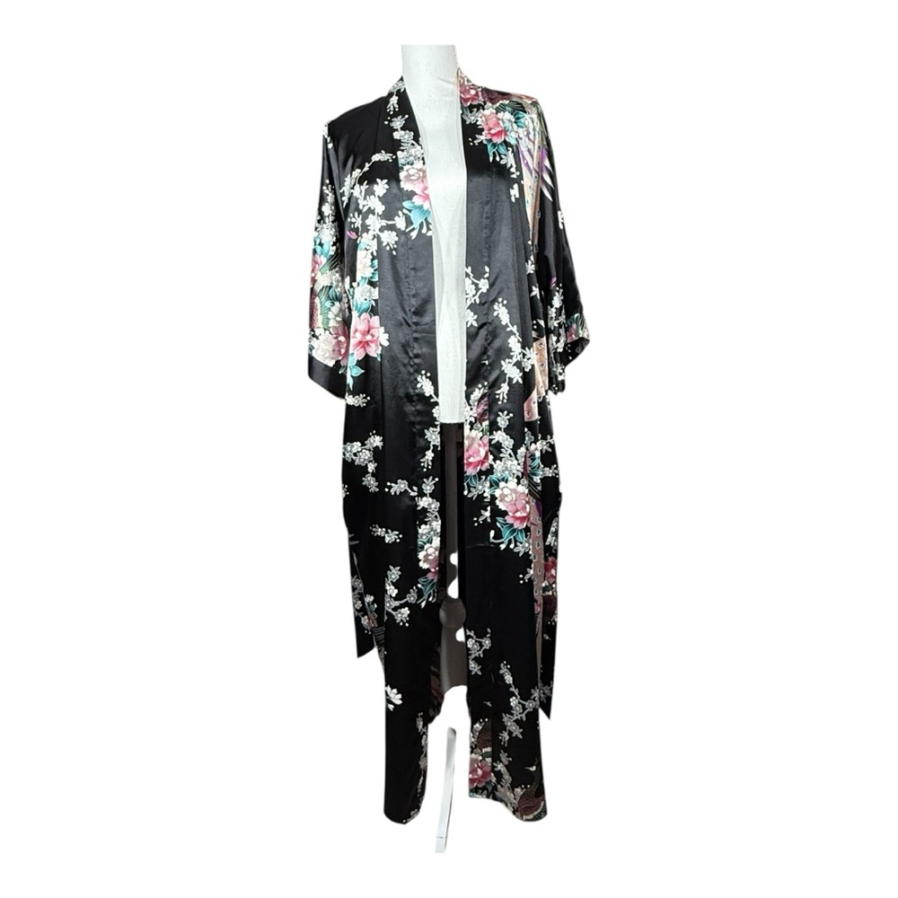 Old Shanghai Satin Floral And Peacock Belted Kimono Robe One Size